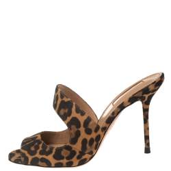 Pre Owned Aquazzura Brown/Black Leopard Print Suede Slide Sandals Size 36