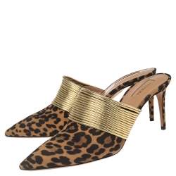 Pre Owned Aquazzura Brown Leopard Print Suede and Gold Faux Leather Rendez Vous Mule Sandals Size 41