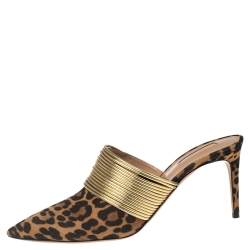 Pre Owned Aquazzura Brown Leopard Print Suede and Gold Faux Leather Rendez Vous Mule Sandals Size 41