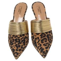 Pre Owned Aquazzura Brown Leopard Print Suede and Gold Faux Leather Rendez Vous Mule Sandals Size 41