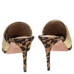 Pre Owned Aquazzura Brown Leopard Print Suede and Gold Faux Leather Rendez Vous Mule Sandals Size 41