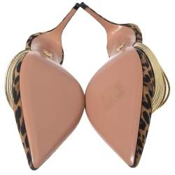 Pre Owned Aquazzura Brown Leopard Print Suede and Gold Faux Leather Rendez Vous Mule Sandals Size 41