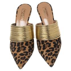 Pre Owned صندل سلايد أكواريزا رينديهفوه جلد صناعي ذهبي وسويدي طباعة فهد بني مقاس 37