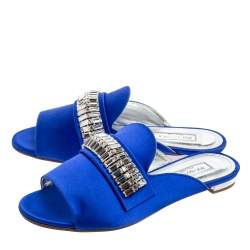 Pre Owned Aquazzura Blue Satin Crystal Mule Flat Sandals Size 35