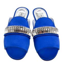 Pre Owned Aquazzura Blue Satin Crystal Mule Flat Sandals Size 35