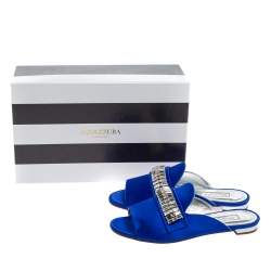 Pre Owned Aquazzura Blue Satin Crystal Mule Flat Sandals Size 35
