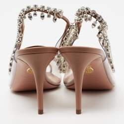 Pre Owned Aquazzura Beige Leather and PVC Temptation Crystal Embellished Slingback Pumps Size 39
