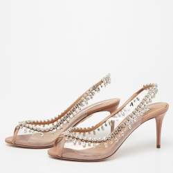 Pre Owned Aquazzura Beige Leather and PVC Temptation Crystal Embellished Slingback Pumps Size 39