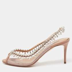 Pre Owned Aquazzura Beige Leather and PVC Temptation Crystal Embellished Slingback Pumps Size 39
