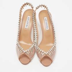 Pre Owned Aquazzura Beige Leather and PVC Temptation Crystal Embellished Slingback Pumps Size 39