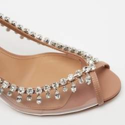 Pre Owned Aquazzura Beige Leather and PVC Temptation Crystal Embellished Slingback Pumps Size 39