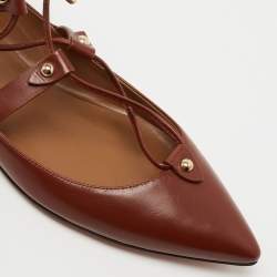 Pre Owned Aquazzura Brown Leather Ankle Tie Ballet Flats Size 36