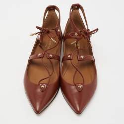 Pre Owned Aquazzura Brown Leather Ankle Tie Ballet Flats Size 36