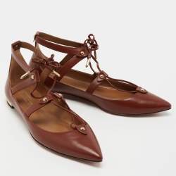 Pre Owned Aquazzura Brown Leather Ankle Tie Ballet Flats Size 36