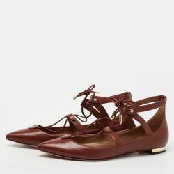 Pre Owned Aquazzura Brown Leather Ankle Tie Ballet Flats Size 36