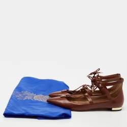 Pre Owned Aquazzura Brown Leather Ankle Tie Ballet Flats Size 36