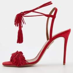 Pre Owned Aquazzura Red Suede Wild Thing Ankle Wrap Sandals Size 41