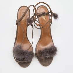 Pre Owned Aquazzura Grey Mink Fur and Suede Wild Russian Ankle Wrap Sandals Size 42