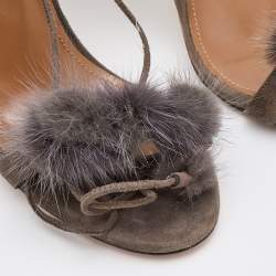 Pre Owned Aquazzura Grey Mink Fur and Suede Wild Russian Ankle Wrap Sandals Size 42