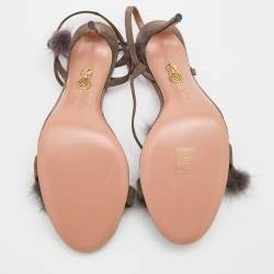 Pre Owned Aquazzura Grey Mink Fur and Suede Wild Russian Ankle Wrap Sandals Size 42