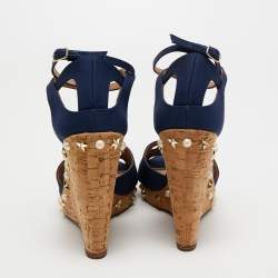 Pre Owned Aquazzura Blue Canvas Wedges Sandals Size 39