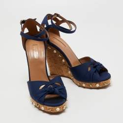 Pre Owned Aquazzura Blue Canvas Wedges Sandals Size 39