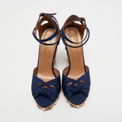 Pre Owned Aquazzura Blue Canvas Wedges Sandals Size 39