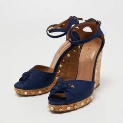 Pre Owned Aquazzura Blue Canvas Wedges Sandals Size 39