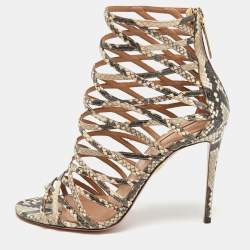 Pre Owned Aquazzura Cream/lBlack Python Embossed Leather Knockout Cage Sandals Size 40