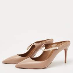 Pre Owned Aquazzura Pink Leather Nolita Pearl Mules Size 39.5