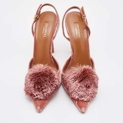 Pre Owned Aquazzura Rose Pink Velvet Powder Puff Pom Pom Slingback Pumps Size 40