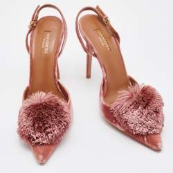 Pre Owned Aquazzura Rose Pink Velvet Powder Puff Pom Pom Slingback Pumps Size 40