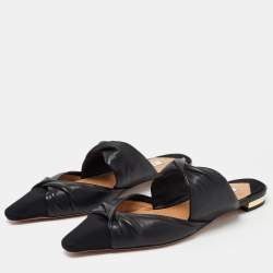 Pre Owned Aquazzura Black Leather and Canvas Mondaine Flat Mules Size 35