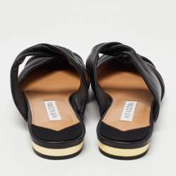 Pre Owned Aquazzura Black Leather and Canvas Mondaine Flat Mules Size 35