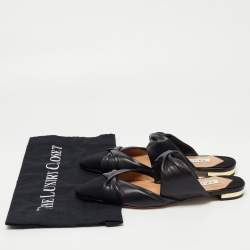 Pre Owned Aquazzura Black Leather and Canvas Mondaine Flat Mules Size 35