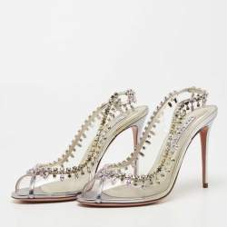 Pre Owned Aquazzura Transparent/Silver Leather and PVC Temptation Slingback Pumps Size 39