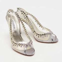 Pre Owned Aquazzura Transparent/Silver Leather and PVC Temptation Slingback Pumps Size 39