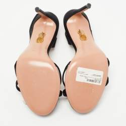 Pre Owned Aquazzura Black Satin Crystal Bow Embellished Babe Slingback Sandals Size 37