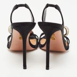 Pre Owned Aquazzura Black Satin Crystal Bow Embellished Babe Slingback Sandals Size 37