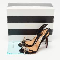 Pre Owned Aquazzura Black Satin Crystal Bow Embellished Babe Slingback Sandals Size 37