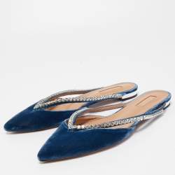 Pre Owned Aquazzura Blue Velvet Sabine Crystal Embellished Pointed Toe Mules Size 39.5