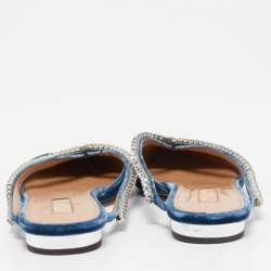 Pre Owned Aquazzura Blue Velvet Sabine Crystal Embellished Pointed Toe Mules Size 39.5