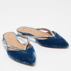 Pre Owned Aquazzura Blue Velvet Sabine Crystal Embellished Pointed Toe Mules Size 39.5
