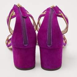 Pre Owned Aquazzura Purple/Gold Suede and Patent Leather Moon Ray Sandals Size 39