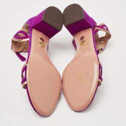 Pre Owned Aquazzura Purple/Gold Suede and Patent Leather Moon Ray Sandals Size 39