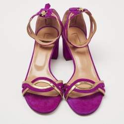 Pre Owned Aquazzura Purple/Gold Suede and Patent Leather Moon Ray Sandals Size 39