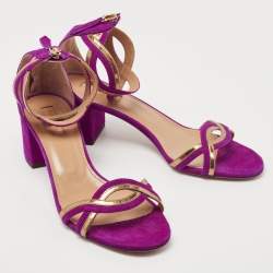 Pre Owned Aquazzura Purple/Gold Suede and Patent Leather Moon Ray Sandals Size 39