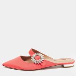 Pre Owned Aquazzura Coral Canvas Crystal Embellished Blossom Flat Mules Size 38
