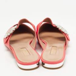 Pre Owned Aquazzura Coral Canvas Crystal Embellished Blossom Flat Mules Size 38