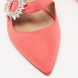 Pre Owned Aquazzura Coral Canvas Crystal Embellished Blossom Flat Mules Size 38